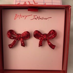 Betsey Johnson Love Spell Red Bow Stud Earrings Crystal Accents NWT & Box